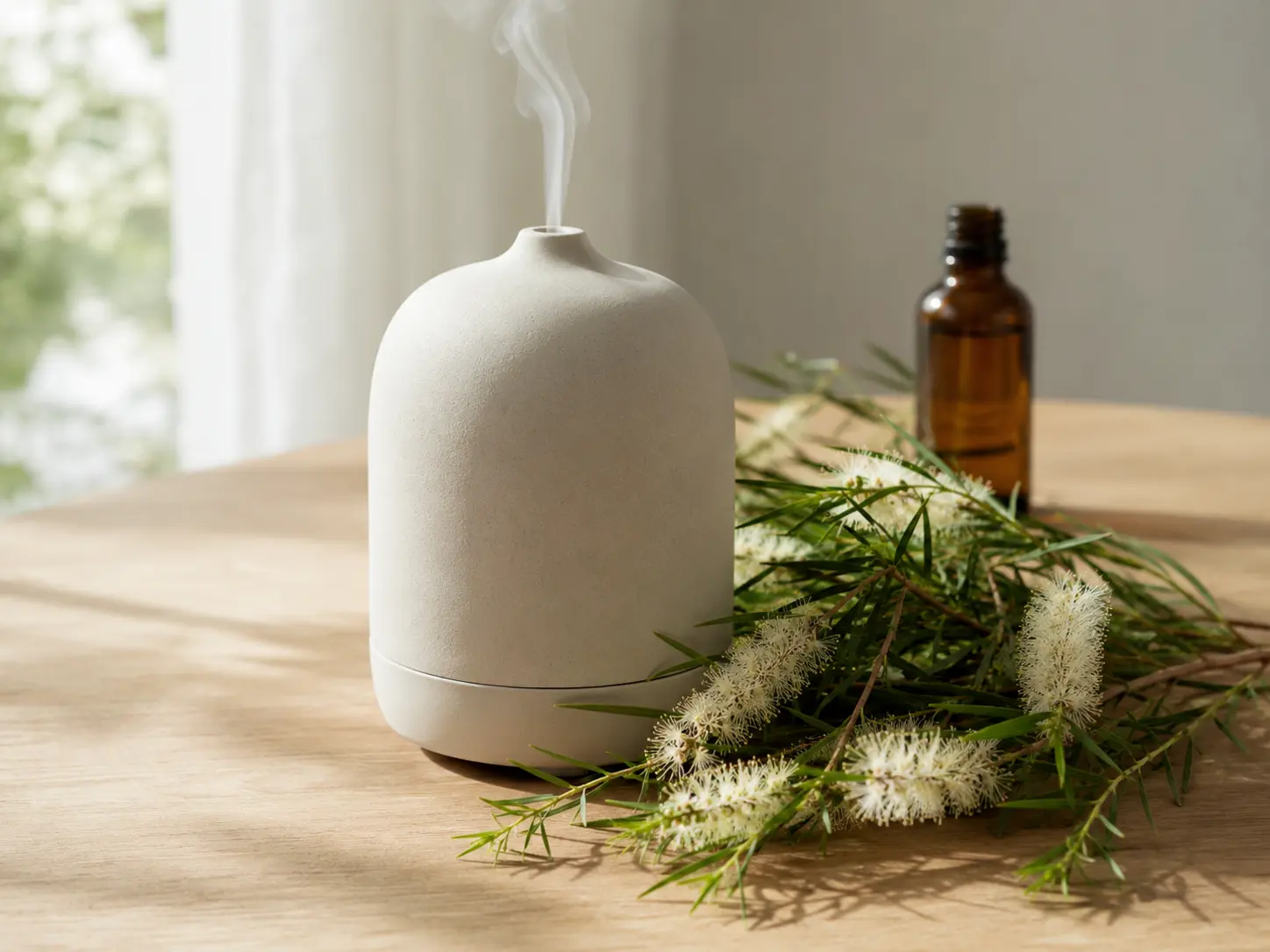 Ausztrál ericifolia illóolaj diffúzorral egy világos, pasztelles szobában