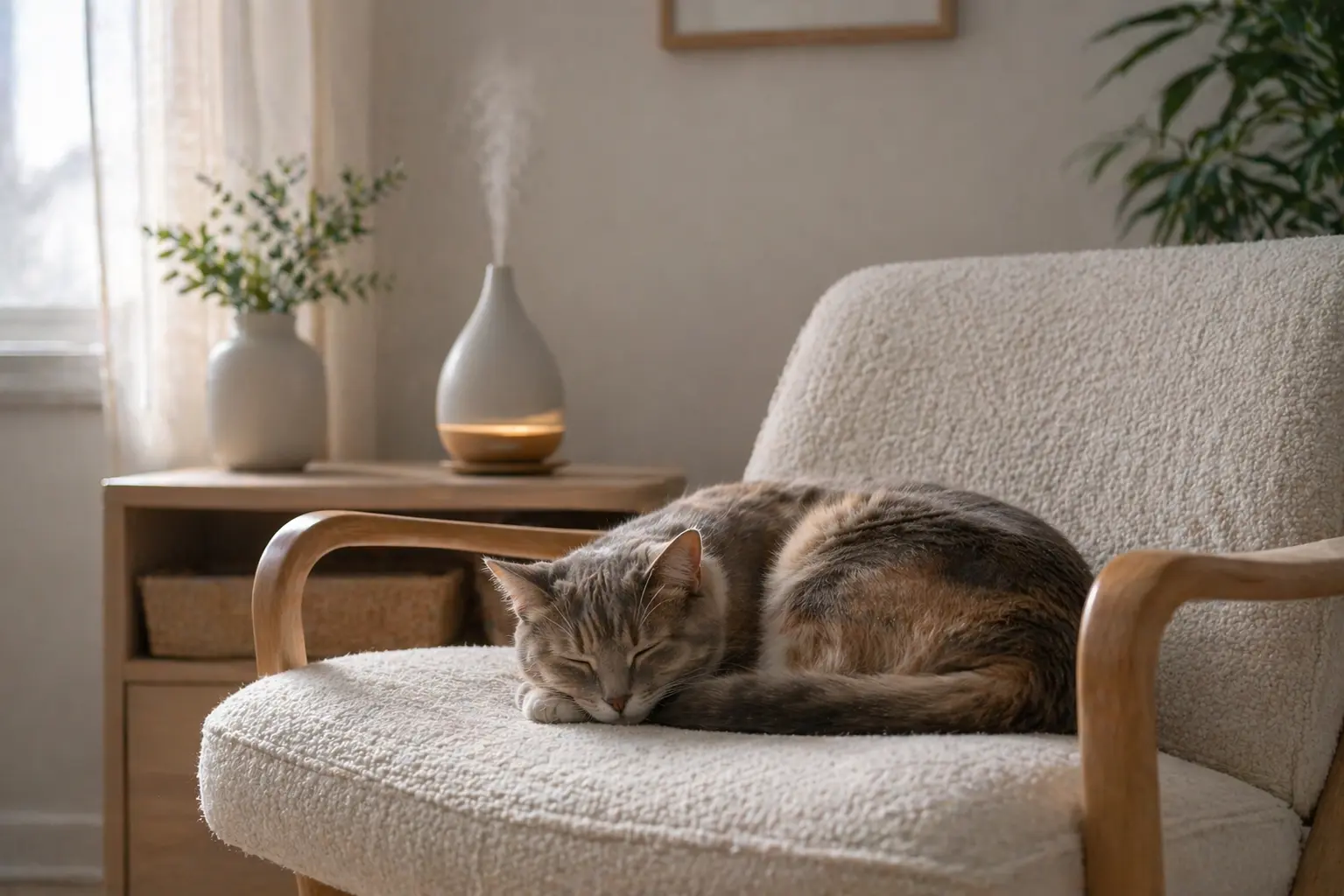 Macska a szoba távolabbi részében, párologtatótól távol pihen