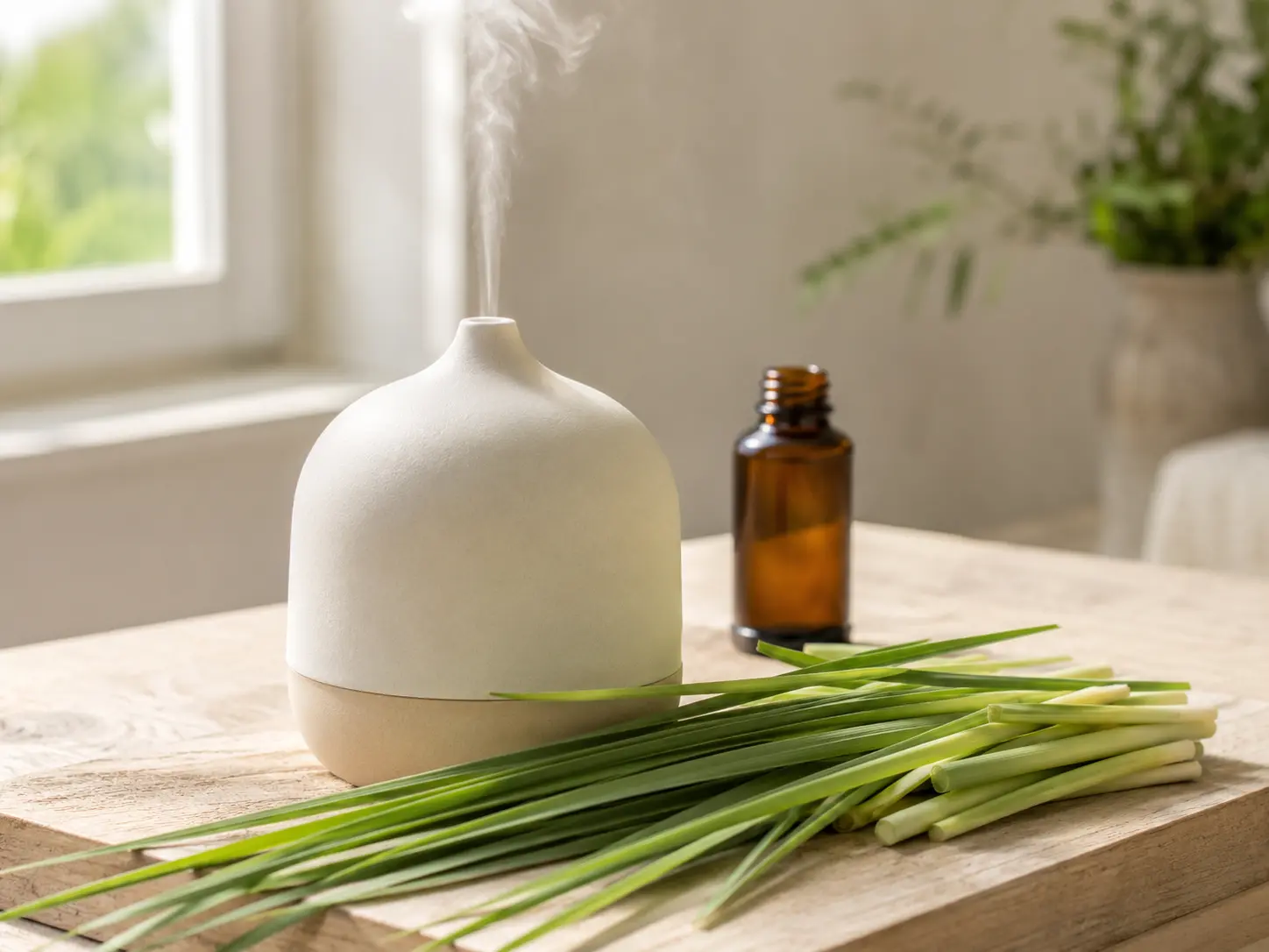Citronella illóolaj diffúzorral világos nyári szobában vagy fedett teraszon