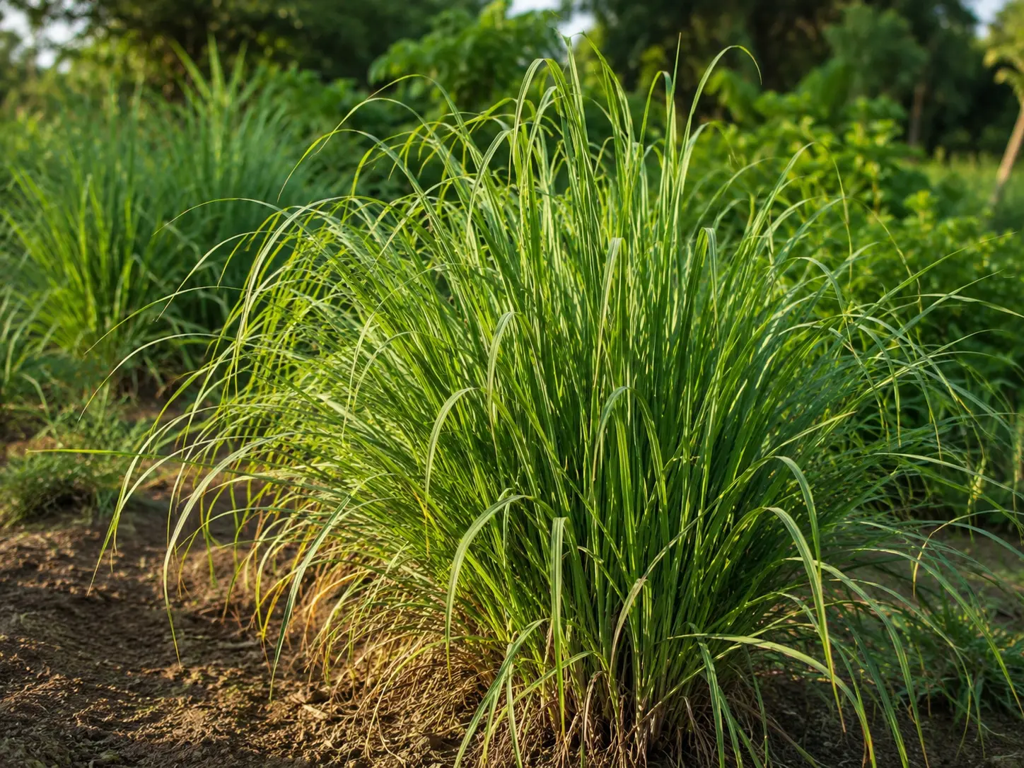 Citronella illóolaj barna üvegben zöld fűlevelekkel és világos nyári háttérrel