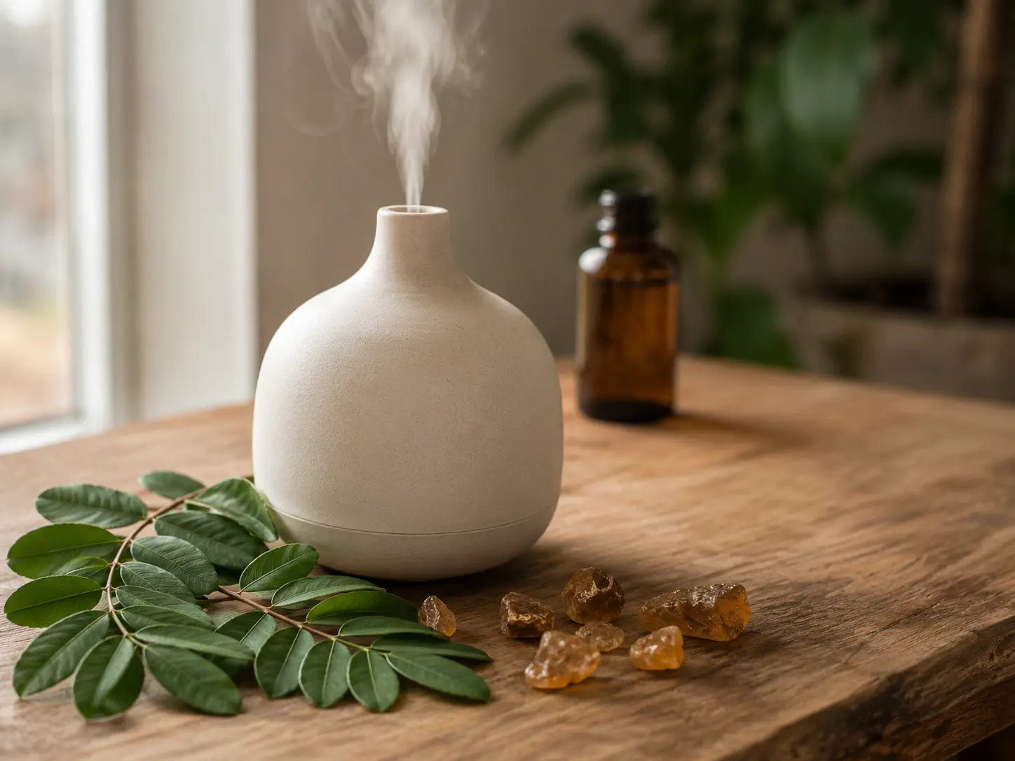 Copaiba illóolaj diffúzorral természetes, fa tónusú nappaliban