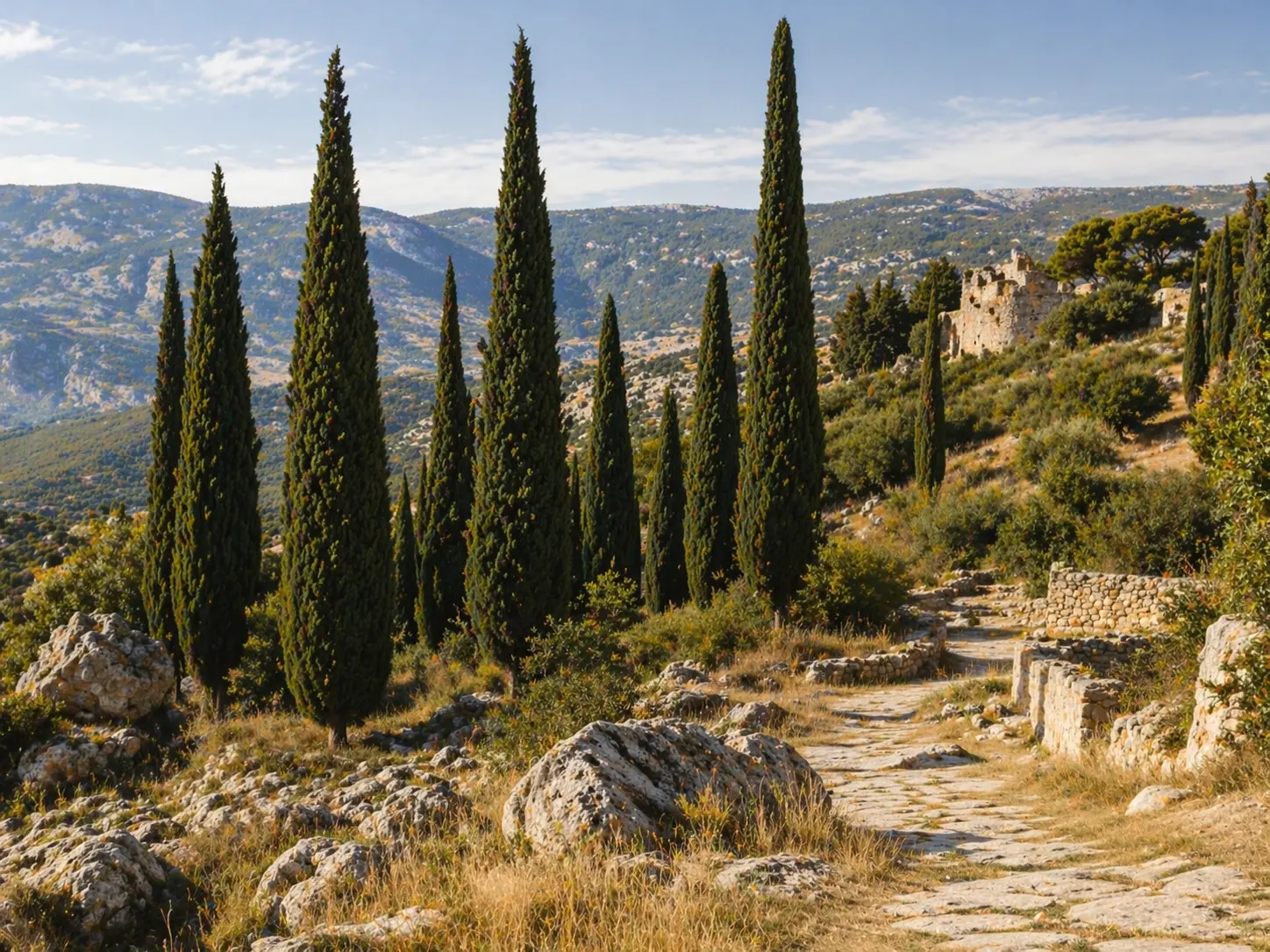 Magas mediterrán ciprusfák örökzöld lombozattal, meleg napfényben