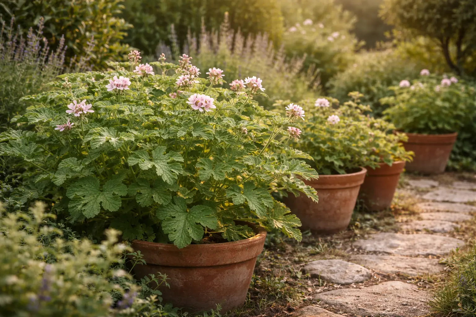 Pelargonium graveolens rózsamuskátli hagyományos botanikus gyógynövénykertben