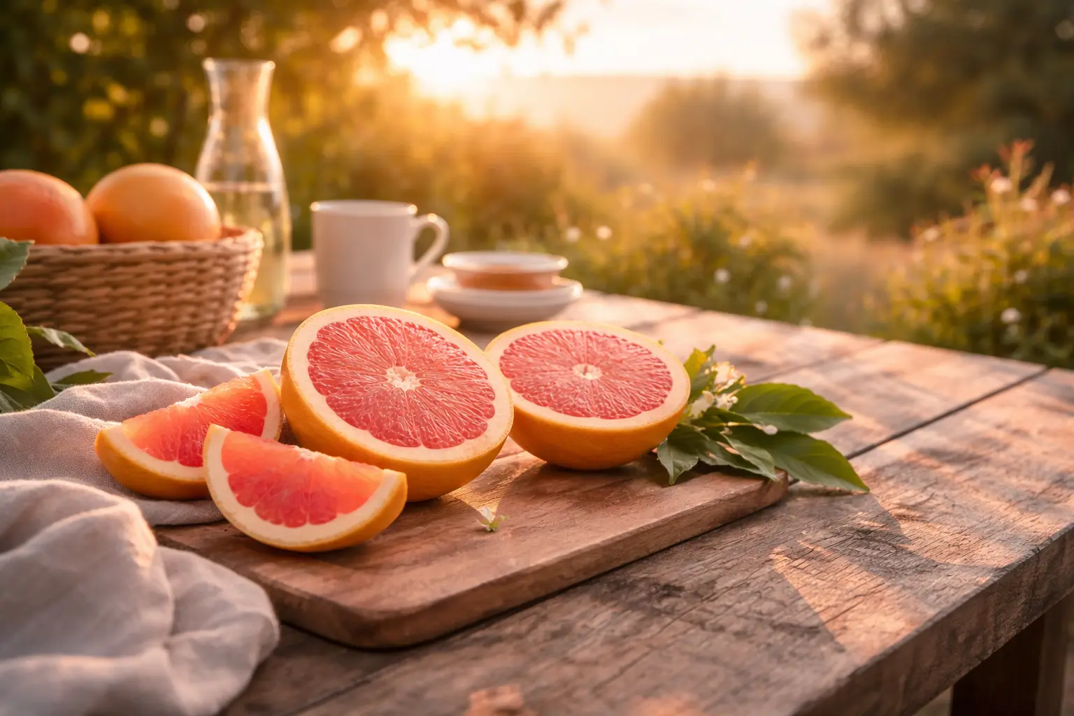 Félbevágott pink grapefruitok napfelkeltés asztalon, az optimizmus és megújulás jelképeként
