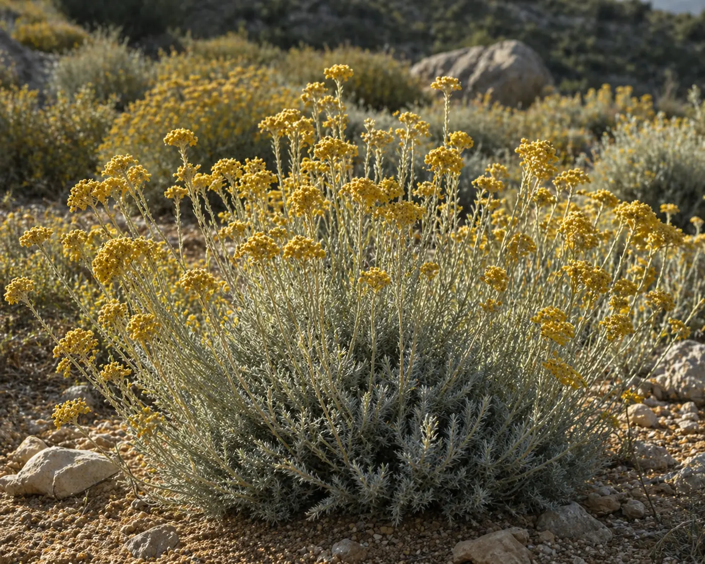Aranyló Helichrysum italicum virágok ezüstös levelekkel egy napos mediterrán tájban