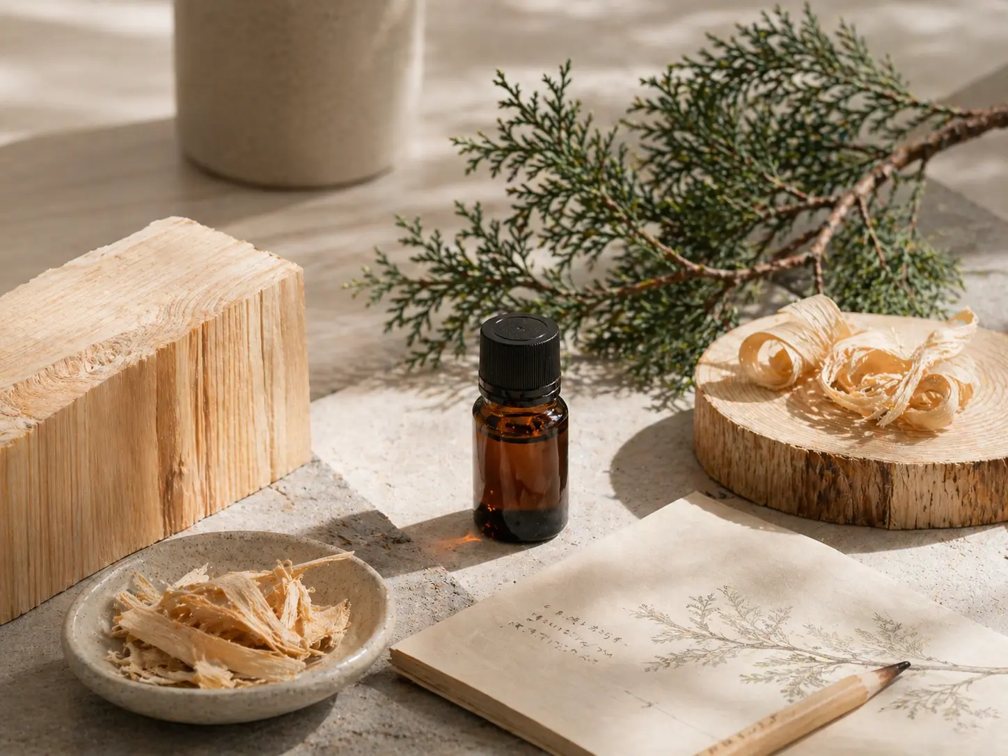 Hinoki illóolaj tanulmányasztal fa darabokkal, ágdarabbal és visszafogott kellékekkel