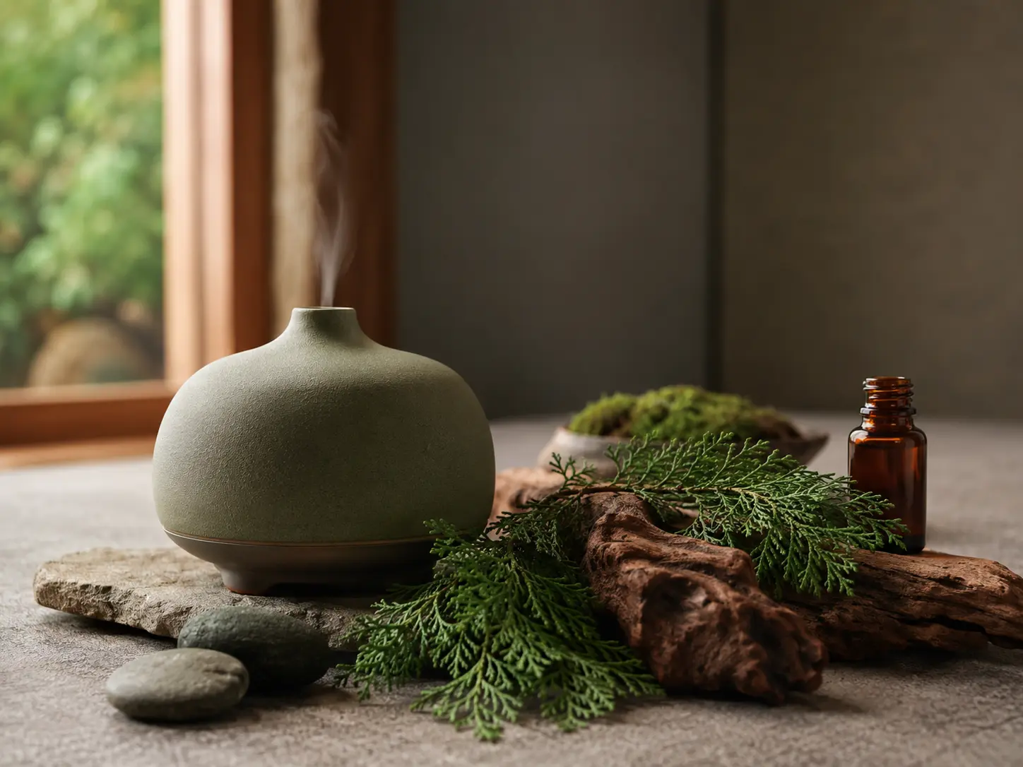 Hong Kuai illóolaj diffúzorral csendes, fás meditációs szobában