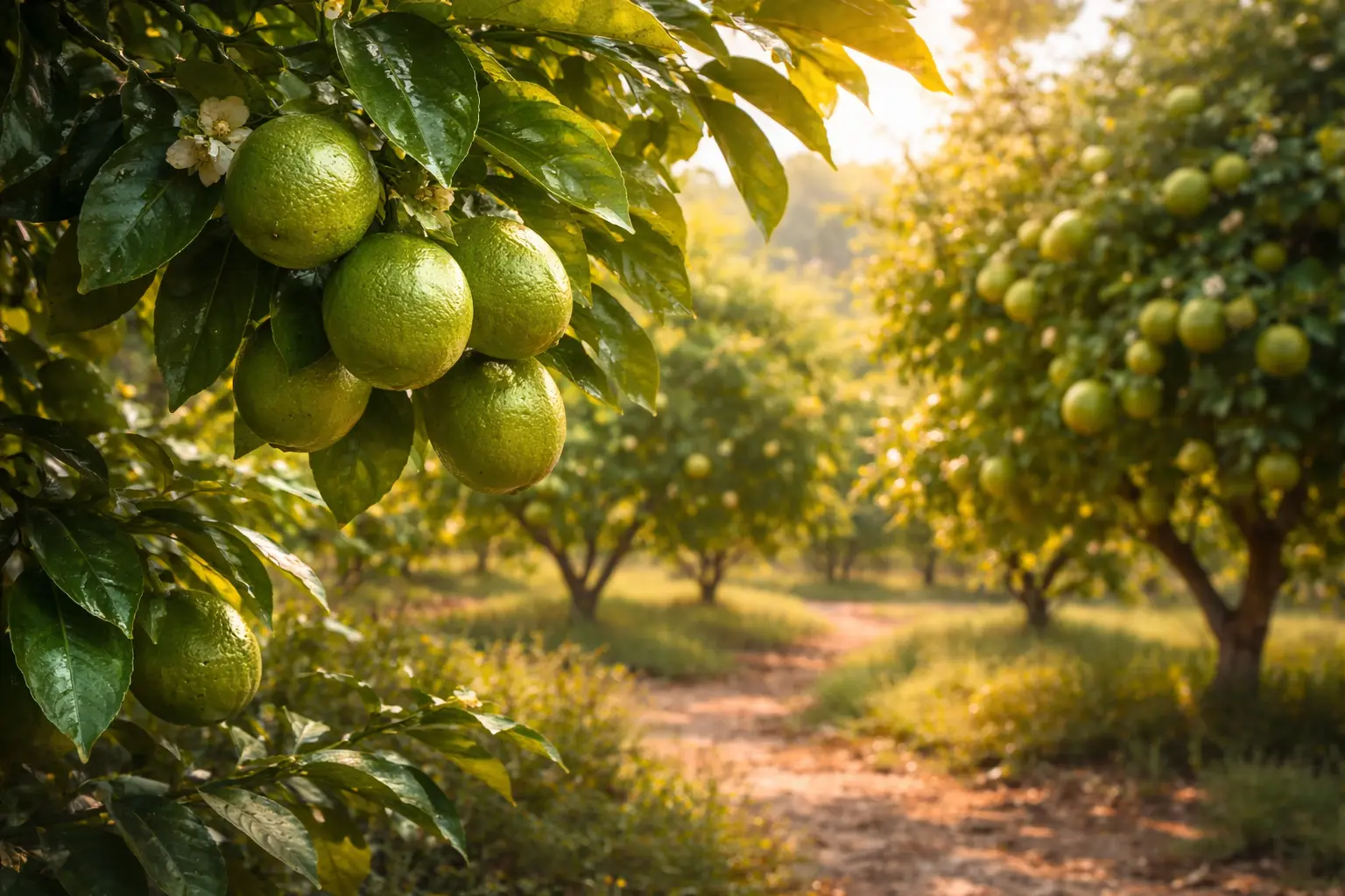 Citrus aurantifolia zöldcitromfák meleg, trópusi gyümölcsösben