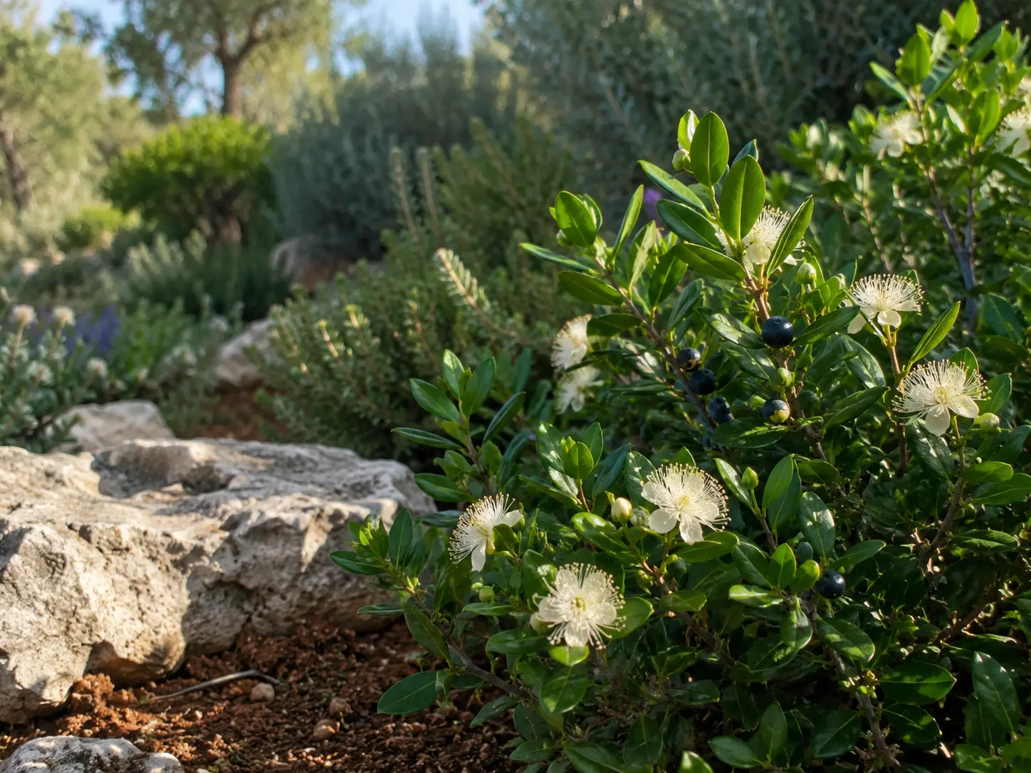 Mirtusz illóolaj barna üvegben fényes levelekkel, fehér virágokkal és mediterrán részletekkel