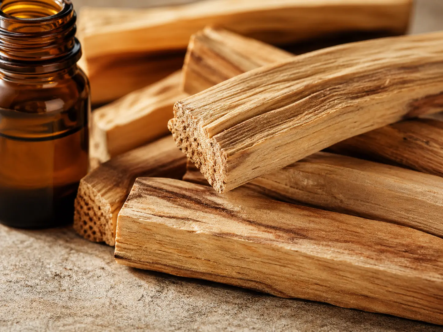 Palo santo faanyag közeli részletei és borostyánszínű illóolajos üveg
