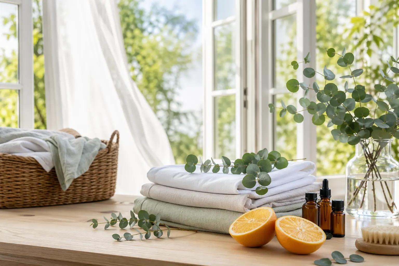 Friss textilek nyitott ablak mellett citrusos hangulattal