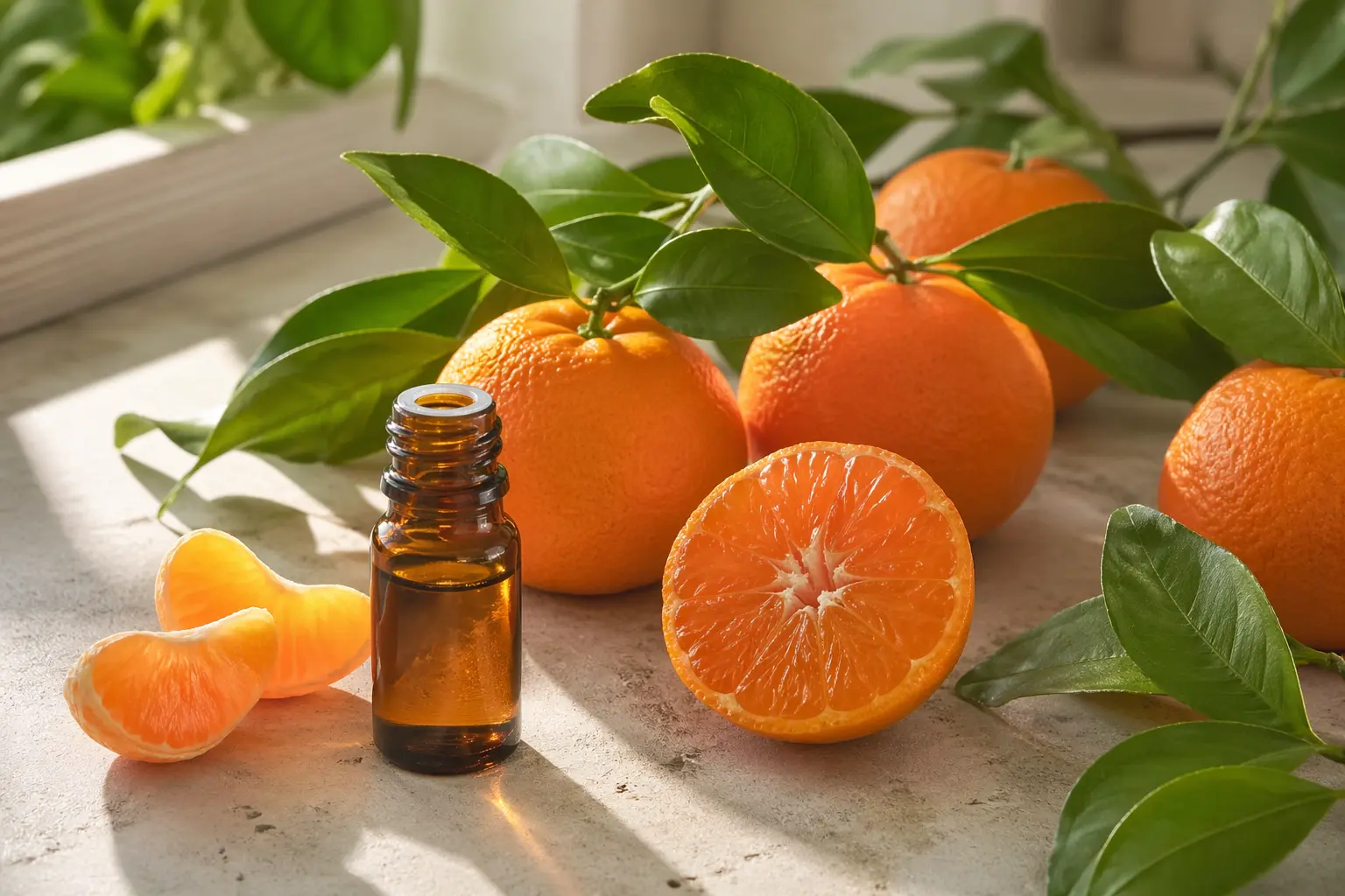Mandarinfák napos citrusültetvényben, érett narancsszínű gyümölcsökkel és fényes levelekkel