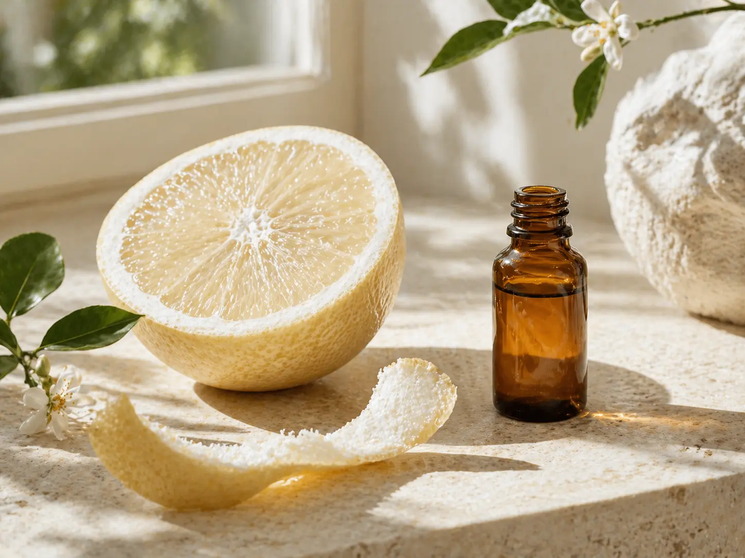 Világos enteriőr fehér grapefruit illóolajhoz halvány citrusokkal, borostyánszínű üveggel és tiszta nappali fénnyel