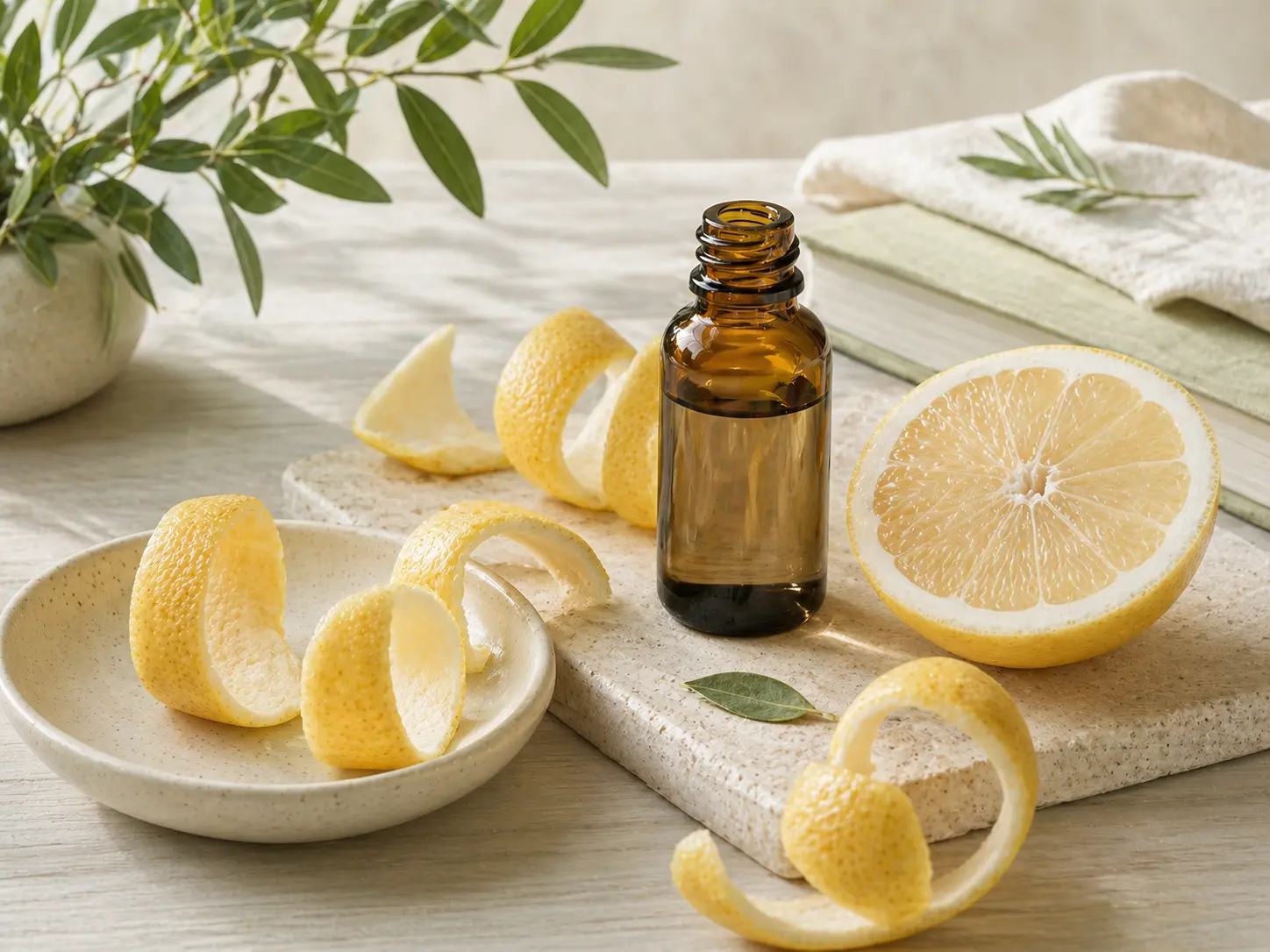 Fehér grapefruit illóolaj héjdarabokkal, félbevágott gyümölccsel és világos asztali elrendezéssel
