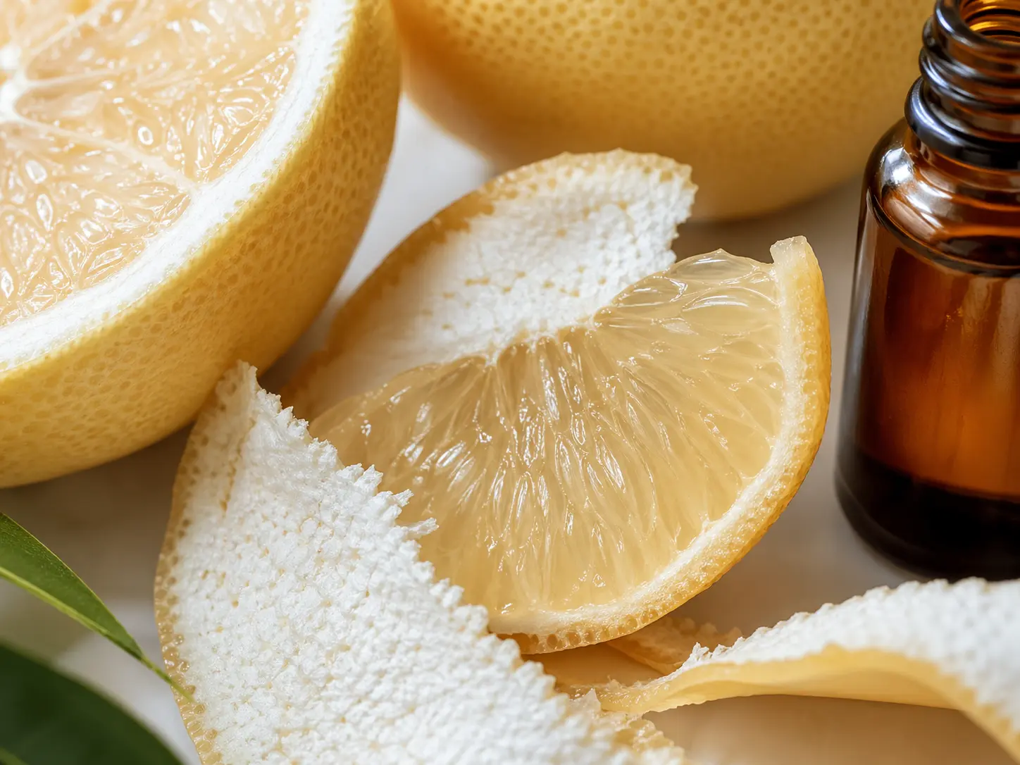 Fehér grapefruit héjának, fehér belső részének és halvány gyümölcshúsának közeli részlete