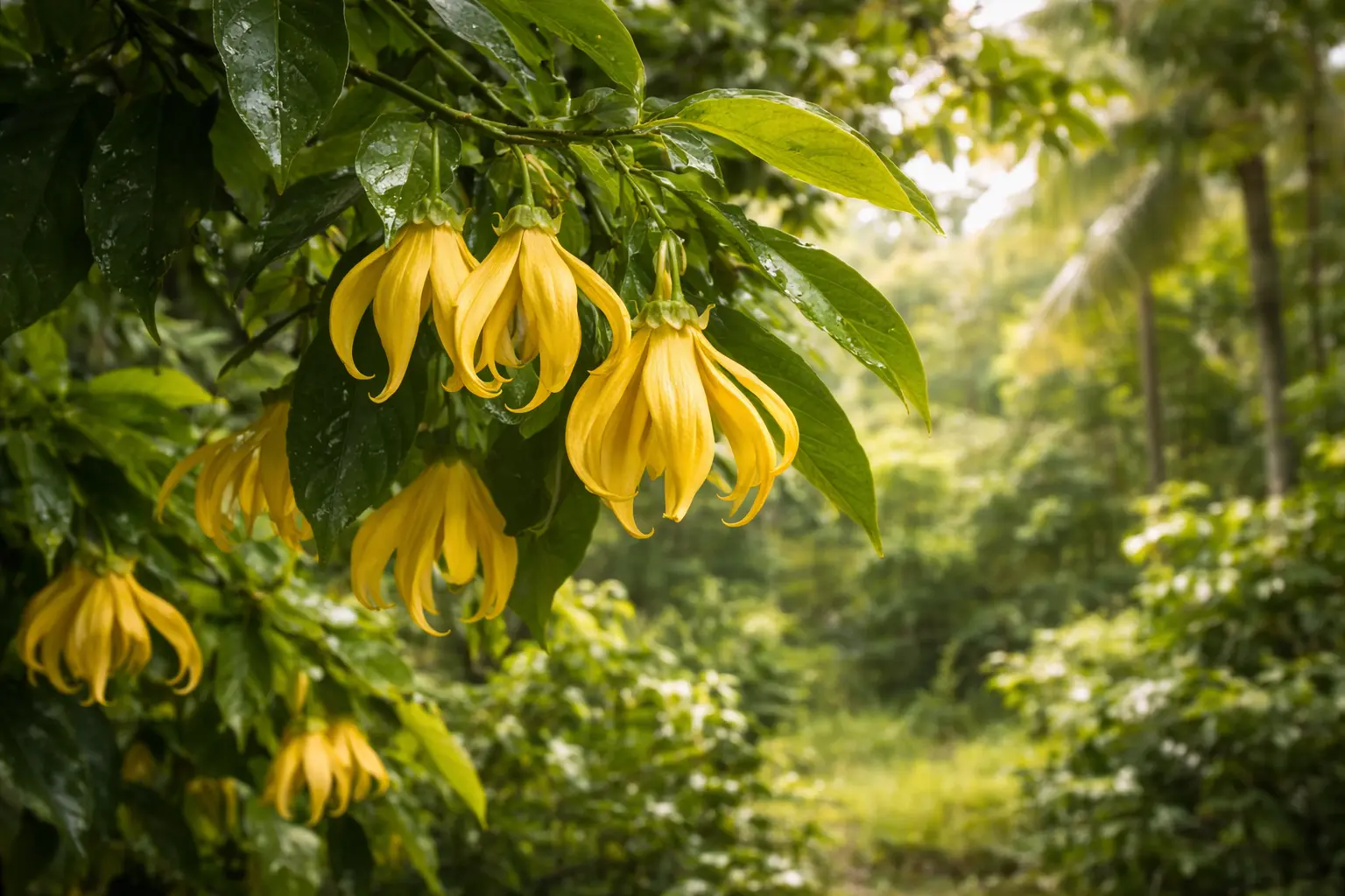 Virágzó Cananga odorata ylang-ylang fa trópusi kertben