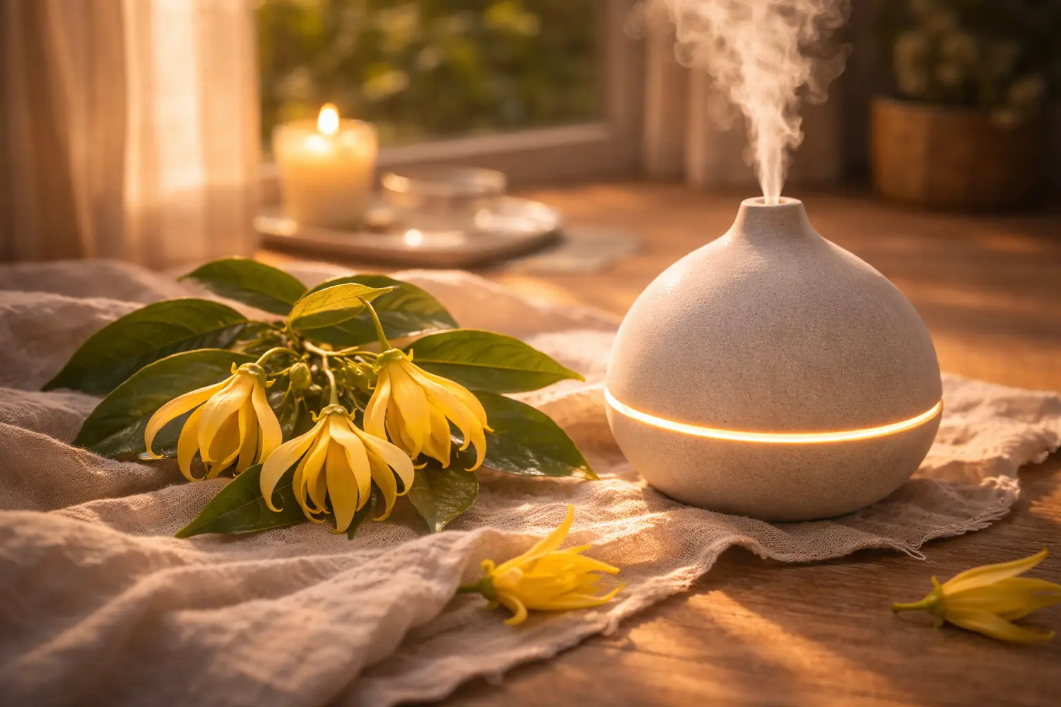 Ylang-ylang ihletésű diffúzor-elrendezés friss Cananga odorata virágokkal meleg esti fényben