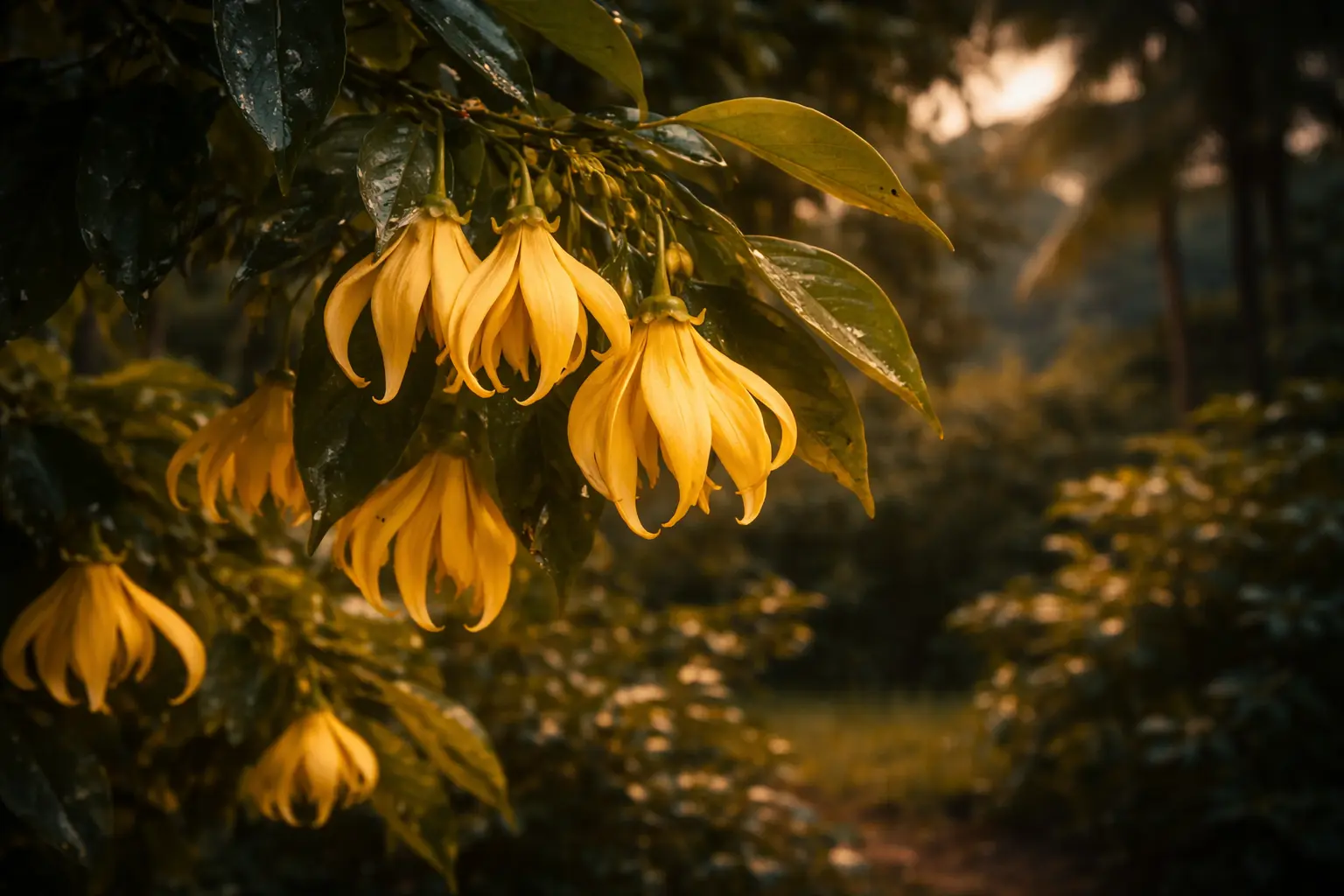 Alkonyatban ragyogó ylang-ylang virágok, lágyságot és érzékiséget jelképezve